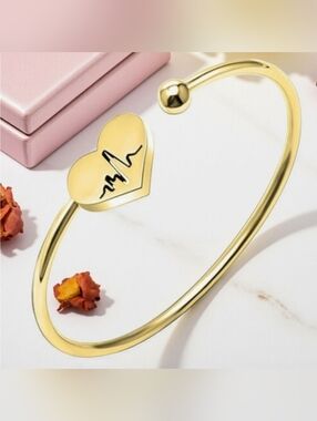 NWT Heart EKG Nurse Gold Plated Adjustable Bangle Bracelet